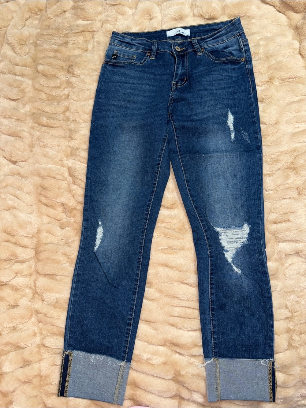 KanCan Dark Blue Distressed Women's Jeans with Cuffed Hem